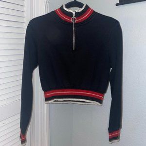 Garage red, black, and white quarter zip sweater